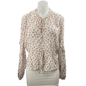 Blue Life Multicolor Floral Ruffle Tie Front Long Sleeve Peplum Blouse Top Sz M